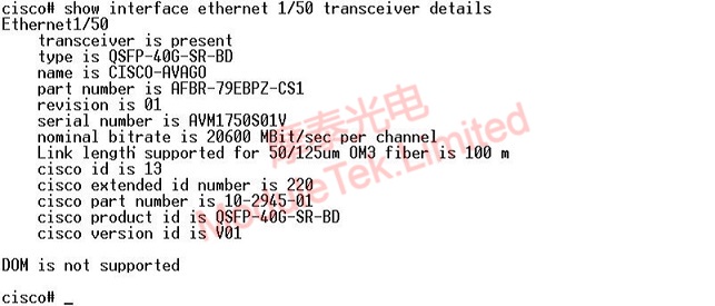 DOM Information of CISCO QSFP-40G-SR-BD Optical Module on CISCO C93180YC-EX Switch