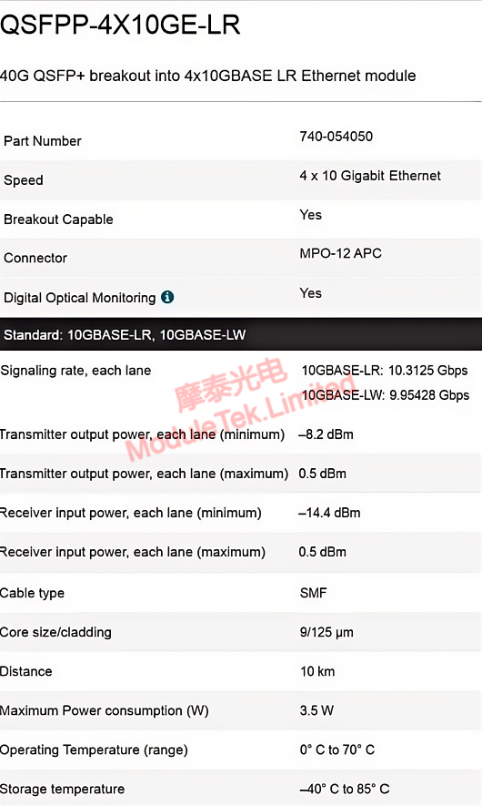 JUNIPER QSFPP-4x10GE-LR official key parameters